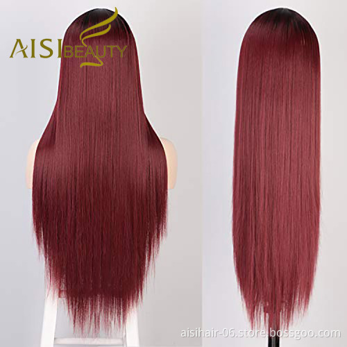 Aisi Beauty Vendor Cheap Party 26 Inch Long Straight Ombre Red Wig Swiss Lace Synthetic Hair For Black Women Lace Front Wig
